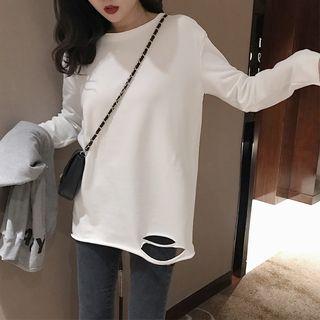 Long-sleeve Distressed Plain Top White - One Size