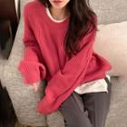 Long-sleeve Round-neck Ribbed Knit Sweater Rose Red - One Size