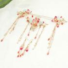 Set : Retro Flower Hair Comb + Hair Stick + Fringed Earring Set - Comb & Hairpin & Earring - Gold - One Size