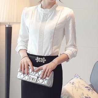 Mock Neck Frilled Pintuck Chiffon Top