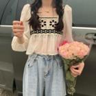 Balloon-sleeve Two-tone Blouse Black & White - One Size