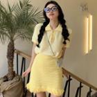 Short-sleeve Pointelle Knit Polo Shirt / Frayed Mini Skirt