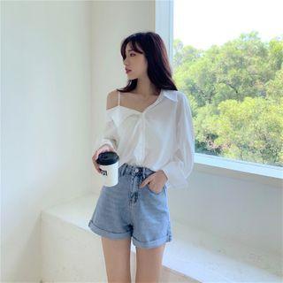 Off Shoulder Plain Long-sleeve Shirt