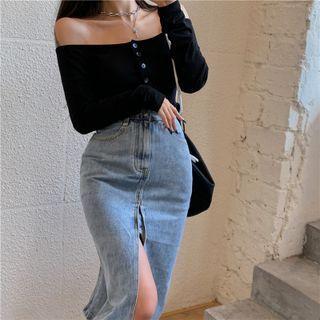 Long-sleeve Cold Shoulder Top / Denim Midi Skirt
