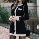 Long-sleeve Contrast Trim Knit Mini Bodycon Dress Black - One Size