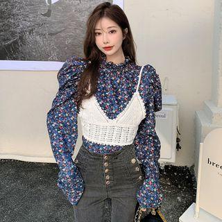 Long-sleeve Floral Print Mock-neck Top / Spaghetti Strap Knit Top