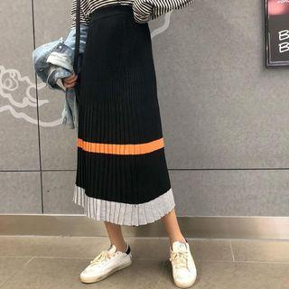 Contrast Trim A-line Knit Skirt Black - One Size