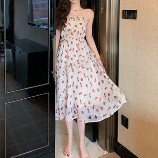 Strawberry Print Spaghetti Strap Midi A-line Dress