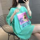 Cartoon Print Cutout-back Elbow-sleeve T-shirt