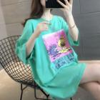 Cartoon Print Cutout-back Elbow-sleeve T-shirt