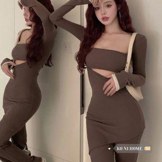 Set: Long-sleeve Asymmetrical T-shirt + Two-tone Bootcut Pants