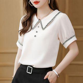 Puff-sleeve Tweed Trim Blouse