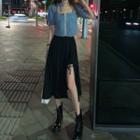 Square-neck Short-sleeve Denim Top/ Asymmetric Lace-up Mini Skirt