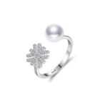 925 Sterling Silver Fashion And Elegant Snowflake White Freshwater Pearl Adjustable Open Ring With Cubic Zirconia Silver - One Size