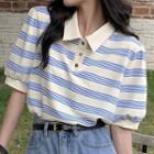 Puff-sleeve Striped Polo Shirt Stripe - Blue - One Size