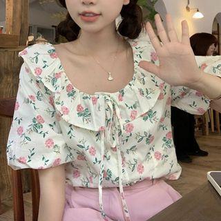 Short-sleeve Floral Blouse Pink & White - One Size