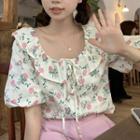Short-sleeve Floral Blouse Pink & White - One Size