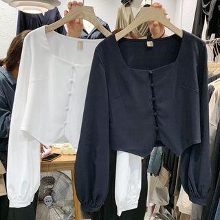 Long-sleeve Plain Blouse Coffee - One Size