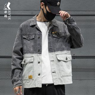 Two-tone Panel Flap-pocket Denim Jacket