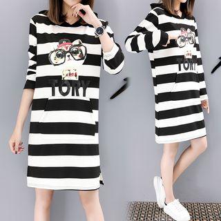 Cat Print Striped Hoodie Dress