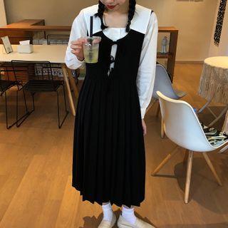 Plain Long-sleeve Blouse / Lace Up Jumper Dress