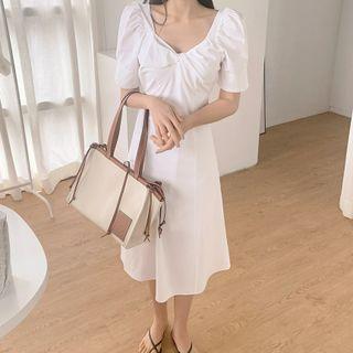 Puff-sleeve Knotted A-line Dress