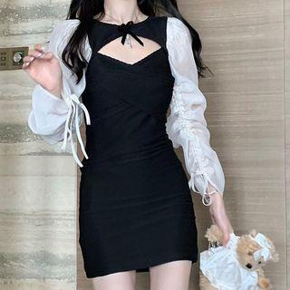 Long-sleeve Plain Panel Sheer Cut Out Bodycon Dress