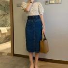 Puff-sleeve Cut-out Top / High-waist Slit Denim Skirt