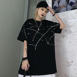 Printed Short-sleeve Round Neck T-shirt Black - One Size
