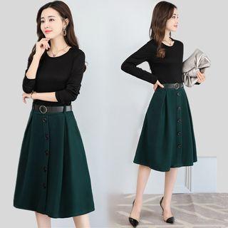 Long-sleeve Mock Two-piece Midi Dress