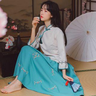 Set: Embroidered 3/4 Sleeve Qipao Top + Floral Embroidered Skirt