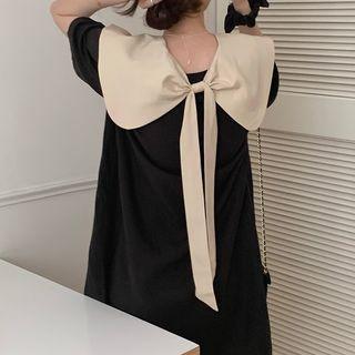 Short-sleeve Bow Collar A-line Dress Black - One Size