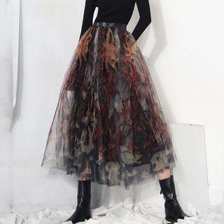 Print Mesh Midi A-line Skirt