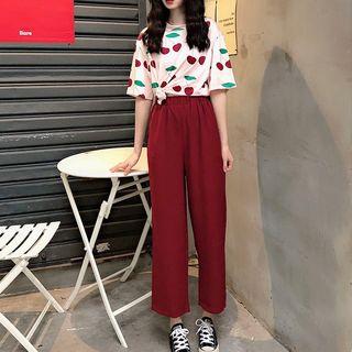 Elbow-sleeve Cherry Print T-shirt / Cropped Wide-leg Pants