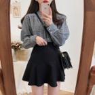 Long-sleeve Plaid Blouse / Mini A-line Skirt / Set