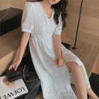 Puff-sleeve V-neck Lace Midi A-line Dress
