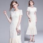 Short-sleeve Lace Frill Trim Midi Dress