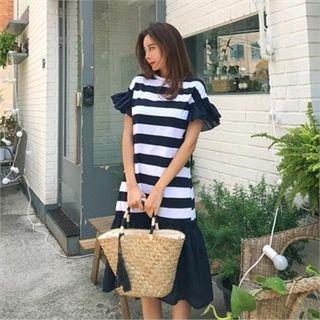 Round-neck Frilled Stripe Midi Dress