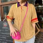 Short-sleeve Contrast Trim Knit Top Khaki - One Size