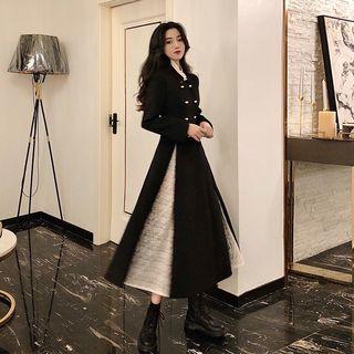 Double-breasted Lace-panel Woolen Midi Dress