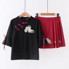 Elbow-sleeve Embroidered Frog-buttoned Top + Pleated A-line Skirt / Set