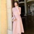 Set: Turtleneck Bell Sleeve Knit Top + Pleated A-line Skirt