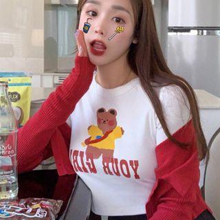 Cropped Cardigan / Bear Print Long-sleeve Cropped T-shirt