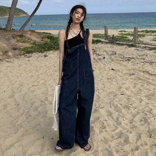 Wide Leg Denim Dungarees Dark Blue - One Size