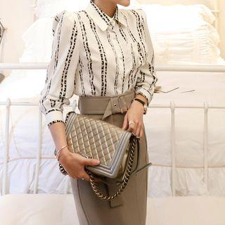 Set: Leopard Print Striped Blouse + Slit Midi Pencil Skirt