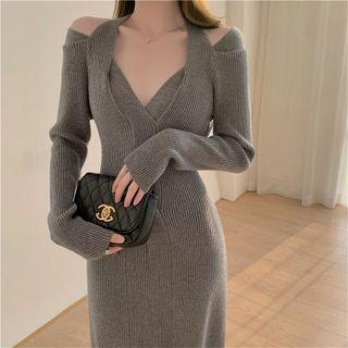 Long-sleeve Cold-shoulder Slit Knit Midi Sheath Dress