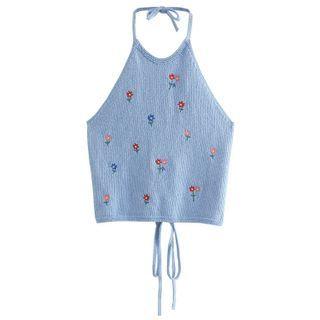 Flower Embroidered Cropped Knit Halter Top