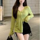 Round-neck Long Sleeve Button-up Top / High Waist Side Drawstring Shorts