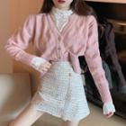 V-neck Cardigan / Lace Blouse / Tweed Mini A-line Skirt