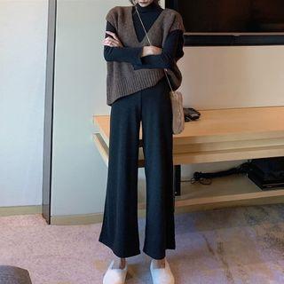 V-neck Knit Vest / Long-sleeve Top / Wide Leg Pants